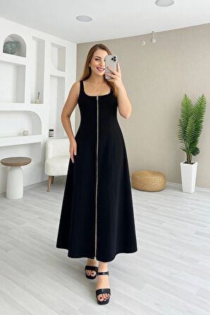 MDB Kadın Askılı Kare Yaka önden Fermuarlı Geniş Kesim Janjan Krep Elbise