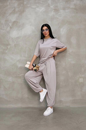 MDB Osy odal Yumuşak Dokulu Kumaş Oversize Bisiklet Yaka Tshirt Jogger Eşofman Altı Eşofman Takımı  Gri