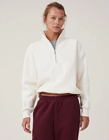 MDB Oversize Yarım Farmuarlı Yakalı Basic weathirt  Beyaz