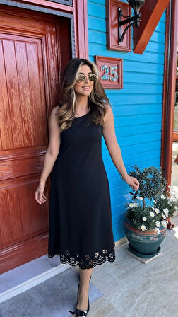 MDB Kadın Kolsuz Etek Ucu Lazer Kesim çiçek Desenli Midi Boy Janjan Krep Elbise