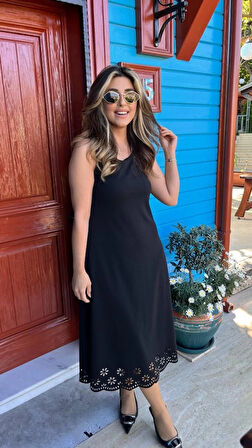 MDB Kadın Kolsuz Etek Ucu Lazer Kesim çiçek Desenli Midi Boy Janjan Krep Elbise