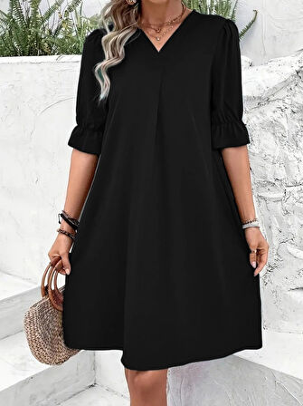 MDB Kadın Kısa Kollu V Yakalı Salaş Janjan Krep Elbise