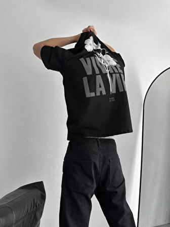 MDB Baskılı Oversize Bisiklet Yaka Tshirt  iyah