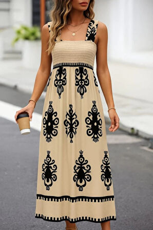 MDB Kadın Askılı Kare Yaka Gipe Detaylı Desenli Suprem Elbise