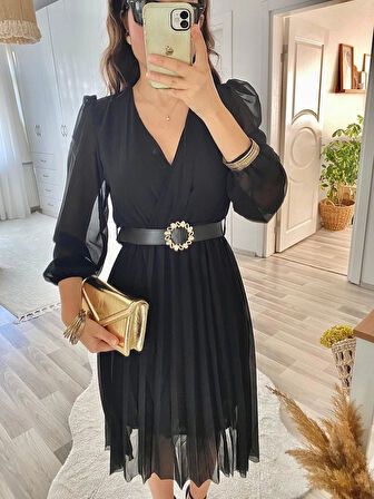 MDB Kadın şifon Kumaş Astalı Kloş Kesim Kruvaze Yaka idi Boy Elbise