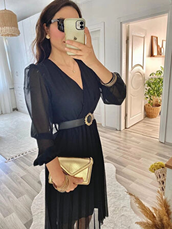 MDB Kadın şifon Kumaş Astalı Kloş Kesim Kruvaze Yaka idi Boy Elbise