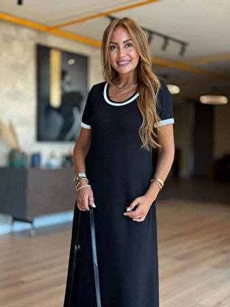 MDB Kadın Kısa Kollu Yuvarlak Yaka Yandan Yırtmaçlı Midi Viskon Elbise