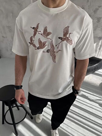MDB Unisex Nakış İşlemeli Thirt  Beyaz