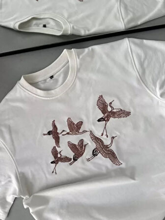 MDB Unisex Nakış İşlemeli Thirt  Beyaz