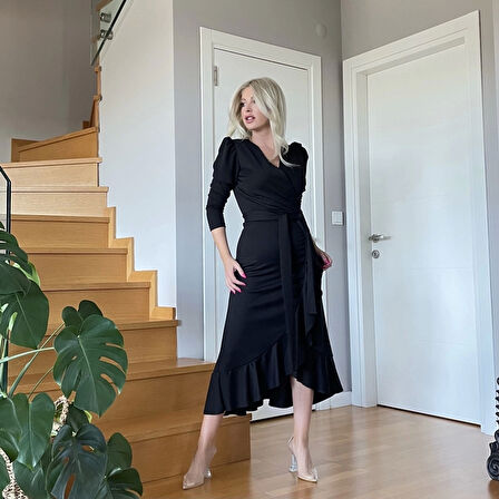 MDB Krep Kumaş idi Boy Kuşaklı Uzunkol Elbise 113 Cm