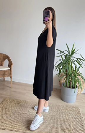 MDB Kadın Kısa Kollu V Yaka Cepli A Kesim Detaylı Viskon Elbise