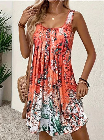 MDB Kadın Sıfır Kollu Kare Yaka önden Pileli Salaş Süprem Elbise