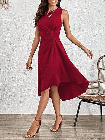 MDB Kadın Sıfır Kollu Bisiklet Yaka Büzgülü Asimetrik Kesim Detaylı Janjan Krep Elbise