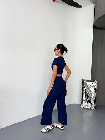 MDB Osy odal Yumuşak Dokulu Kumaş Kısa Kollu Crop Alt Ispanyol Paça Pantalon Ikili Takım  acivert