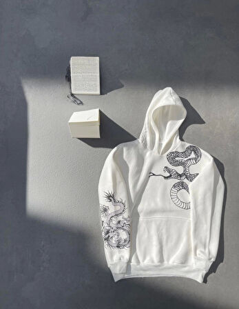 MDB Uzun Kol Kapşonlu Baskılı weathirt  Beyaz