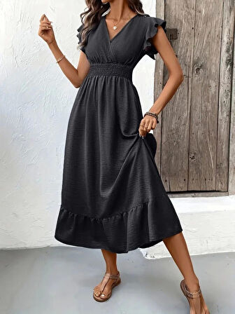 MDB Kadın Kısa Kelebek Kollu Kruvaze Yakalı Beli Lastikli Aerobin Elbise