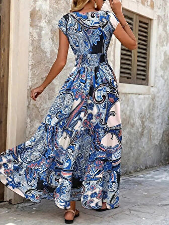 MDB Kadın Kısa Yarasa Kanat Kollu V Yakalı Beli Büzgülü Süprem Elbise