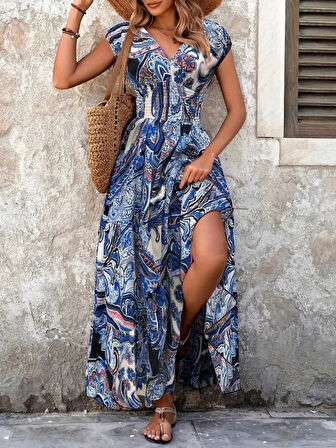 MDB Kadın Kısa Yarasa Kanat Kollu V Yakalı Beli Büzgülü Süprem Elbise