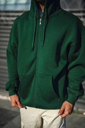 MDB Oversize Tam Fermuarlı Uzun Kol Hırka  Haki