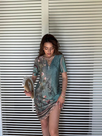 MDB Kadın Kısa Kollu V Yakalı çiçek Baskılı Midi Süprem Elbise