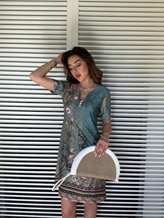 MDB Kadın Kısa Kollu V Yakalı çiçek Baskılı Midi Süprem Elbise