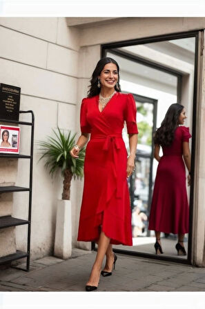 MDB Kadın Kruvaze Yaka idi Boy Kuşaklı Krep Elbise 120 Cm