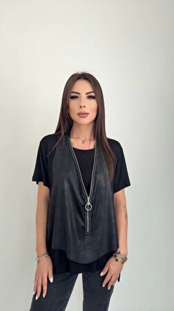 MDB Kadın Kısa Kollu Yuvarlak Yaka Viskon Bluz + Kolsuz Fermuarlı çatlak Deri Yelek