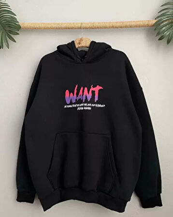 MDB Baskılı Üç İplik Kapüşonlu Oversize weatshirt  iyah
