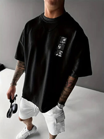 MDB Baskılı Oversize Bisiklet Yaka Tshirt  iyah