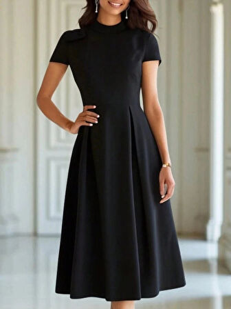 MDB Kadın Kısa Kollu Yarı Balıkçı Yaka Pileli Janjan Krep Midi Elbise