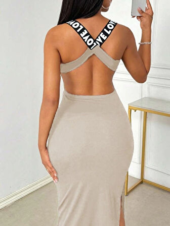 MDB Kadın Yuvarlak Yaka Sırttan çapraz şerit Love Detaylı Yırtmaçlı Viskon Elbise