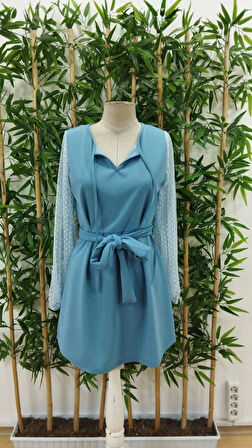 MDB Kadın Uzun Kollu Yakadan Bağcıklı Belden Kuşaklı Ithal Krep Elbise