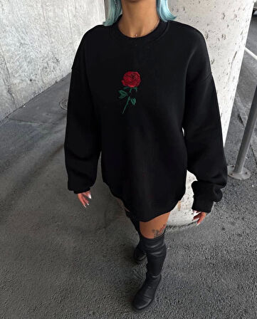 MDB Oversize Üç İplik Bisiklet Yaka Baskılı weathirt  iyah