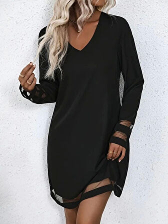 MDB Kadın Uzun Kollu V Yakalı şeritli Tül Detaylı Ithal Krep Elbise