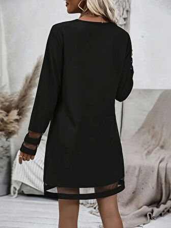 MDB Kadın Uzun Kollu V Yakalı şeritli Tül Detaylı Ithal Krep Elbise