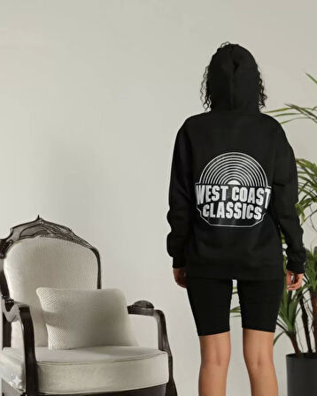 MDB Unisex ırt Baskılı Kapüşonlu Üç İplik Oversize weatshirt  iyah