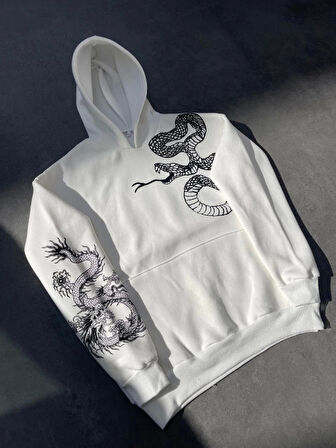 MDB Uzun Kol Kapşonlu Baskılı weathirt  Beyaz