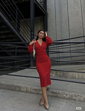 MDB Kadın Kruvaze Yaka Balon Kol imli Krep Kumaş idi Boy Elbise