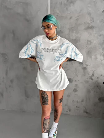 MDB Unisex Bisiklet Yaka Baskılı Oversize Thirt  Beyaz