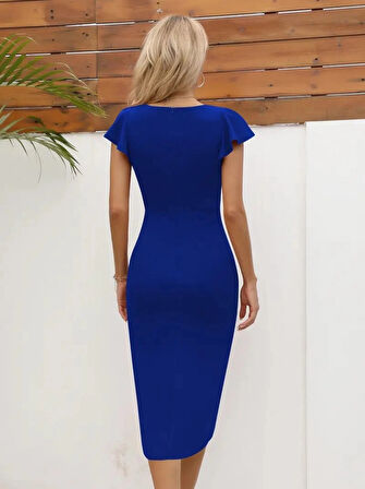 MDB Kadın Kısa Kollu Kalp Yaka Yanlardan Büzgü Detay Midi Janjan Krep Elbise