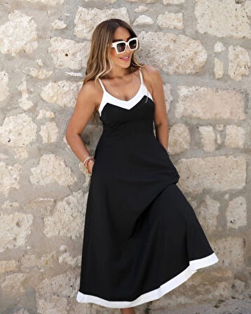 MDB Kadın Ip Askılı V Yakalı çift Renkli Janjan Krep Elbise