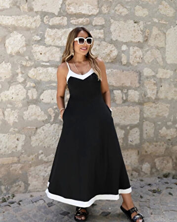 MDB Kadın Ip Askılı V Yakalı çift Renkli Janjan Krep Elbise