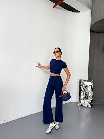 MDB Osy odal Yumuşak Dokulu Kumaş Kısa Kollu Crop Alt Ispanyol Paça Pantalon Ikili Takım  acivert