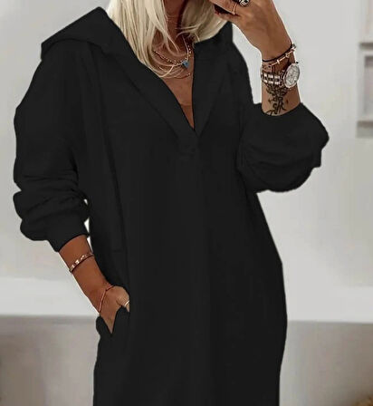 MDB Kadın Uzun Kollu Kapüşonlu Yakası Açık Modal Elbise