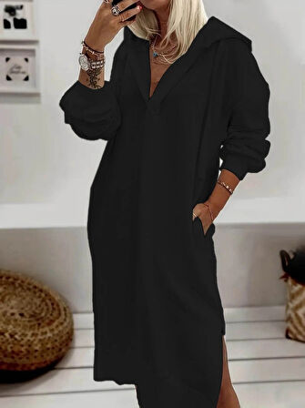 MDB Kadın Uzun Kollu Kapüşonlu Yakası Açık Modal Elbise