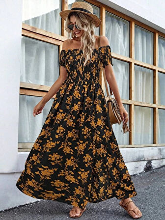 MDB Kadın Kısa Kollu Madonna Yaka Yırtmaçlı çiçek Desenli Süprem Elbise