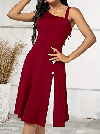 MDB Kadın Tek Omuzu şerit Detaylı Kolsuz Yandan Düğme Detaylı Janjan Krep Elbise