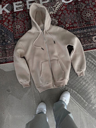 MDB Oversize Tam Fermuarlı Uzun Kol Hırka  Bej