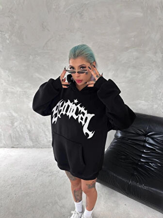 MDB Unisex Üç İplik Kapşonlu Baskılı weathirt  iyah