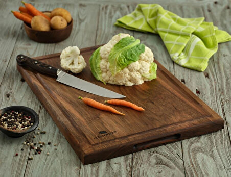 Simurg Doğal Ceviz Ağacı Şef Tipi Kesme ve Sunum Tahtası El Yapımı – Su Kanallı, Tutma Yuvalı (41x25x2.5 cm)